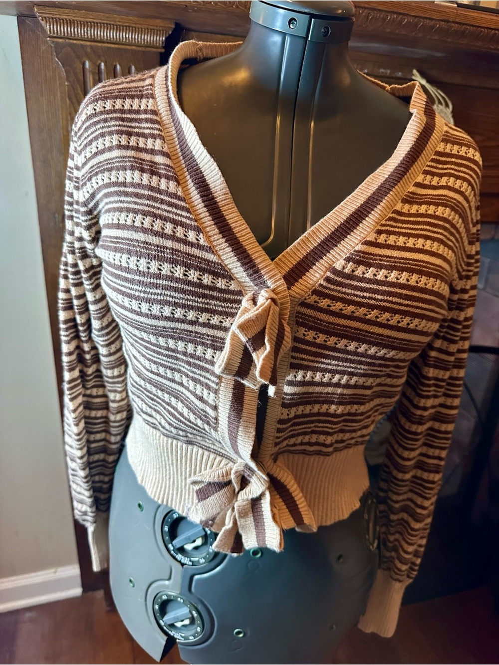 She + Sky Brown and Cream Striped Tie-Front Cardigan